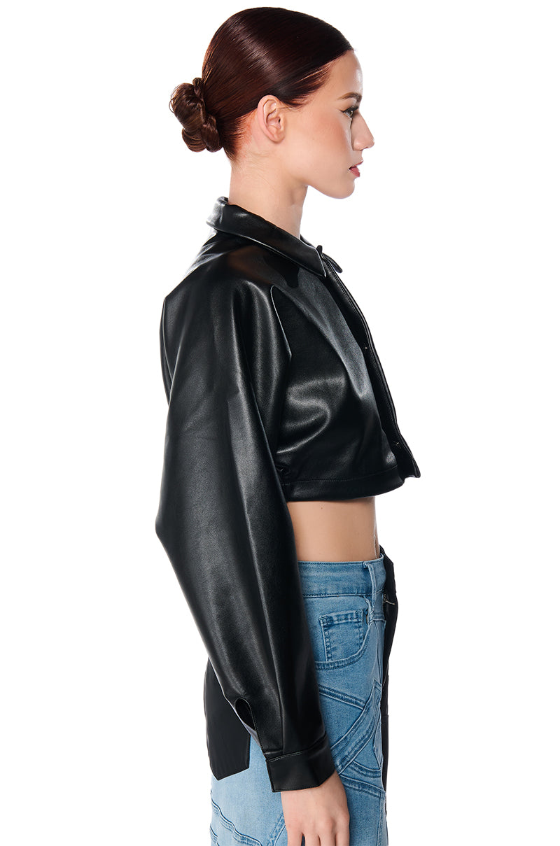 FAUX LEATHER CROPPED BUTTON DOWN SHIRT