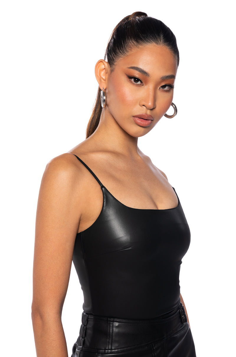 ULTRA STRETCH FAUX LEATHER SQUARE NECK BODYSUIT IN BLACK