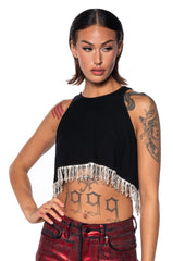 FEVER DREAM RHINESTONE FRINGE OPEN BACK TANK TOP
