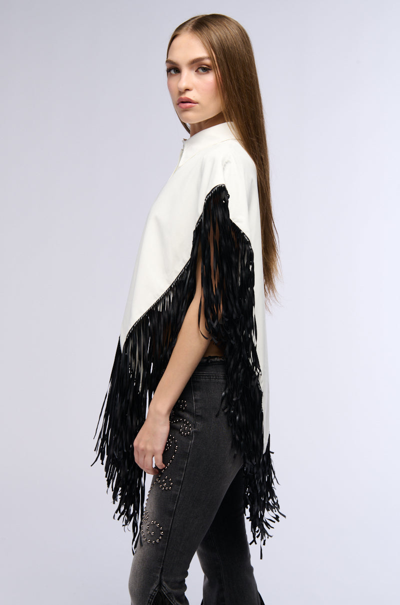 FLY HIGH FAUX LEATHER TOP WITH FRINGE