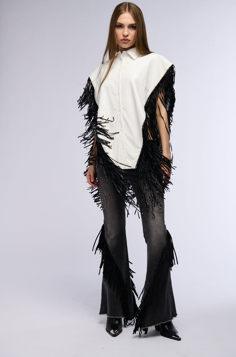 FLY HIGH FAUX LEATHER TOP WITH FRINGE
