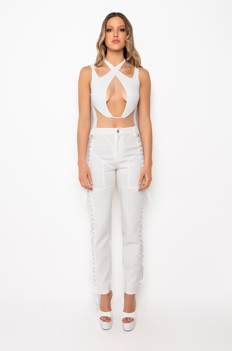 ALAIA MESH INSERT HALTER BODYSUIT