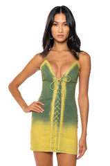 FUNKY GIRL TIE FRONT DENIM MINI DRESS