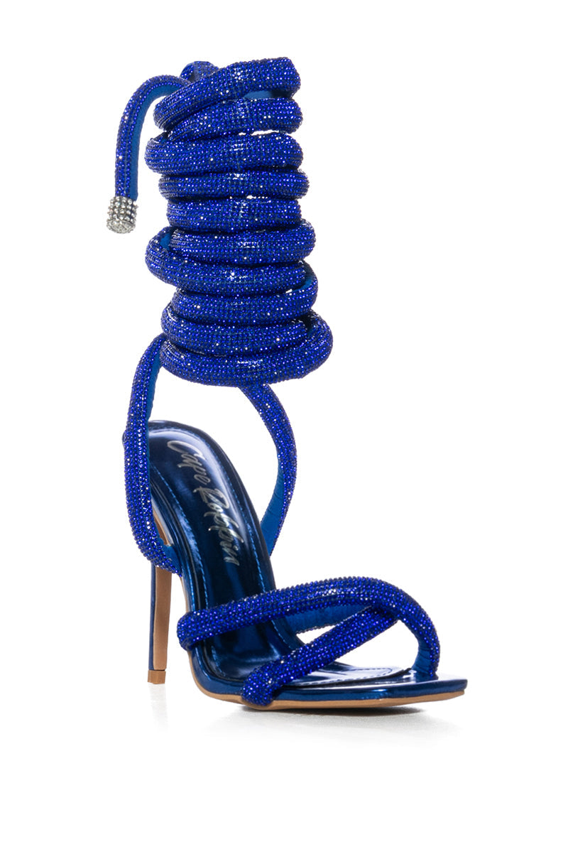 GEMMA PADDED RHINESTONE LACE UP SANDAL IN BLUE