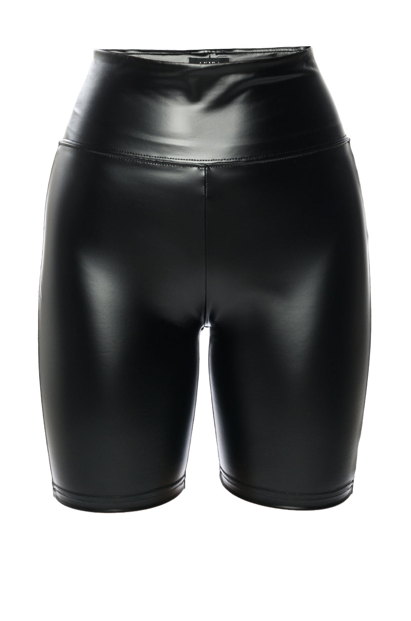 GET IT RIGHT, GET IT TIGHT FAUX LEATHER BIKER SHORTS