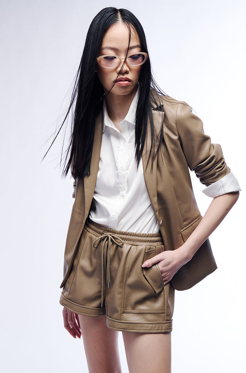 GIRL BOSS SOFT FAUX LEATHER BLAZER IN BROWN