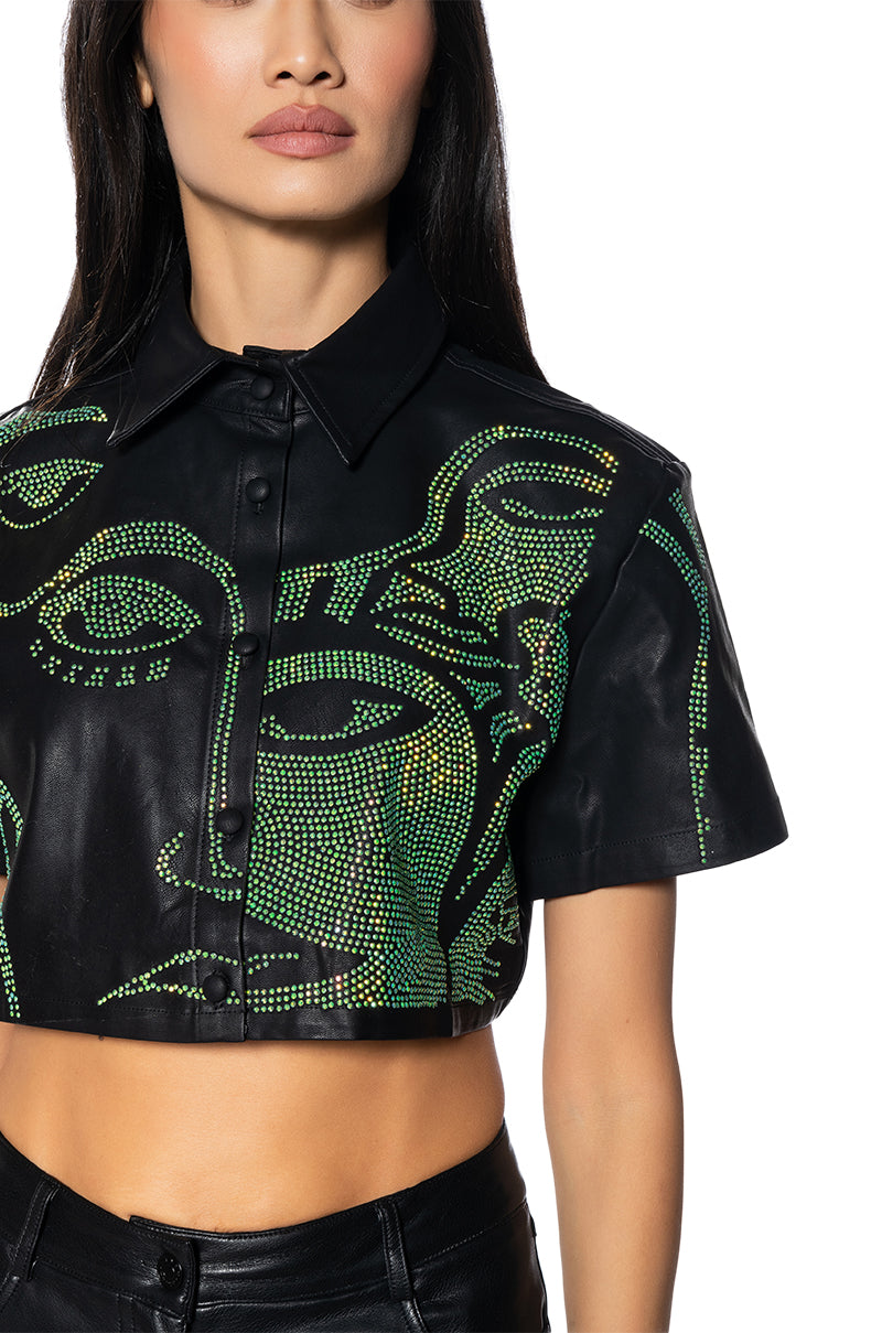 GIVING FACE CROPPED FAUX LEATHER BUTTON DOWN TOP