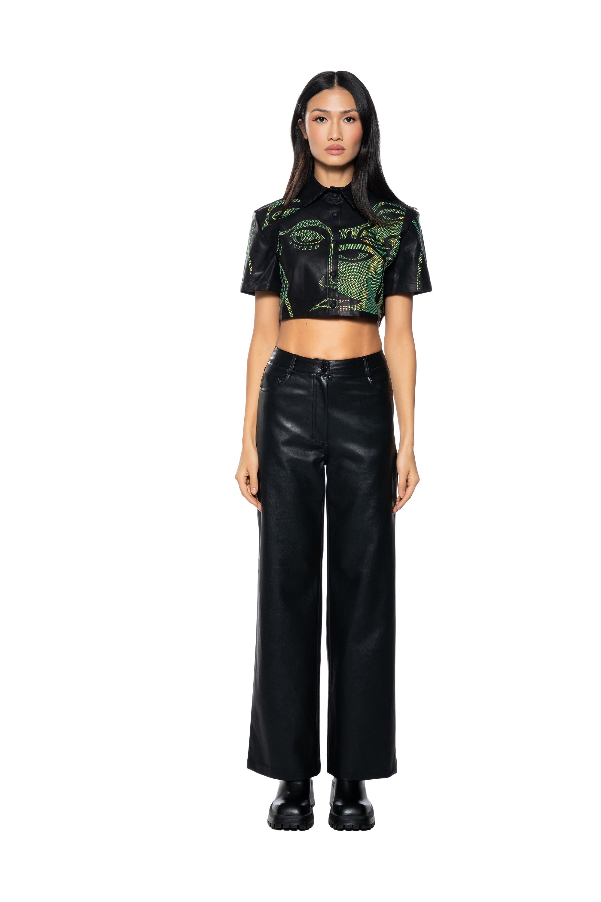 GIVING FACE CROPPED FAUX LEATHER BUTTON DOWN TOP