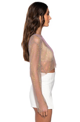 GLISTENING RHINESTONE MESH LONG SLEEVE TOP