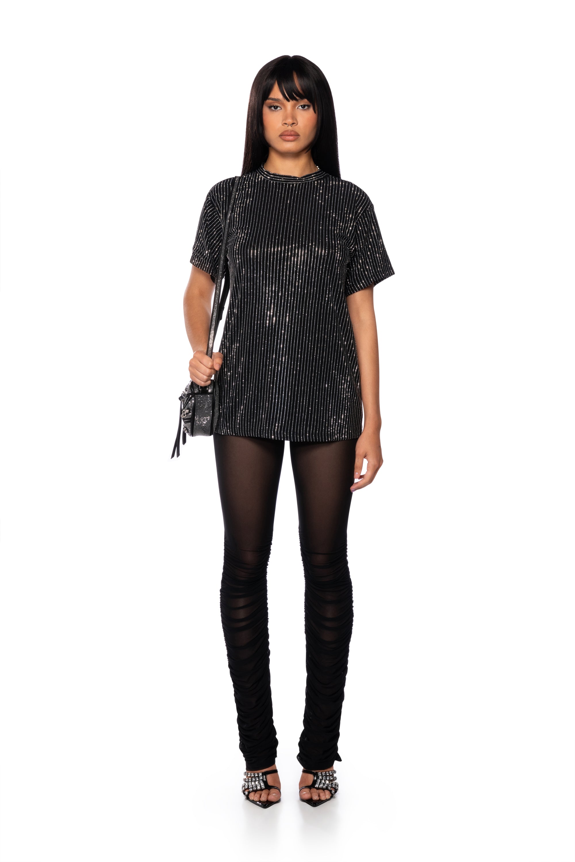 GLITZ OVERSIZED MESH T SHIRT IN BLACK