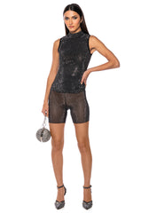 GLITZ SLEEVELESS MESH TOP IN BLACK