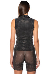 GLITZ SLEEVELESS MESH TOP IN BLACK