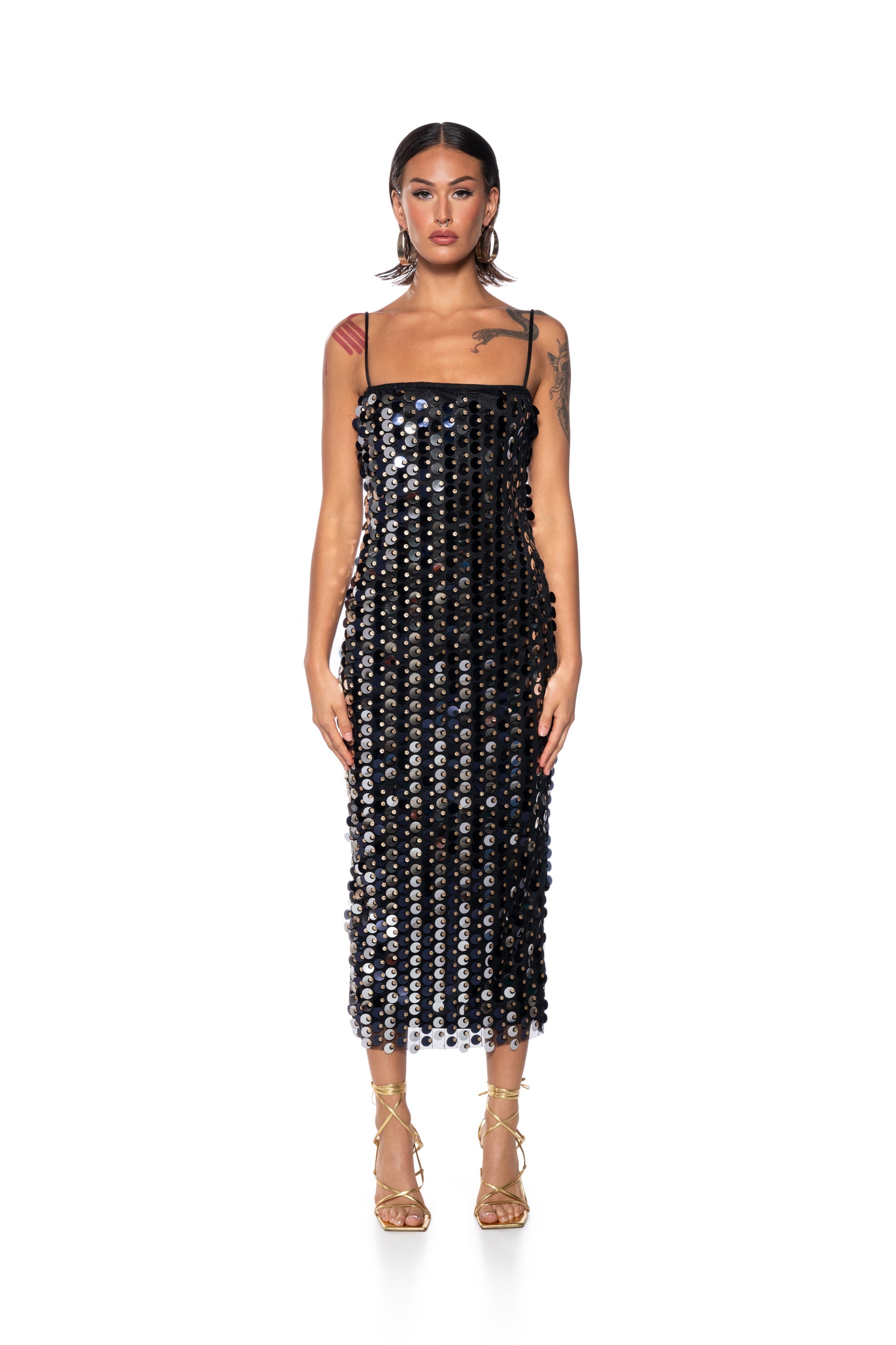 GOLD COIN SEQUIN MIDI DRESS