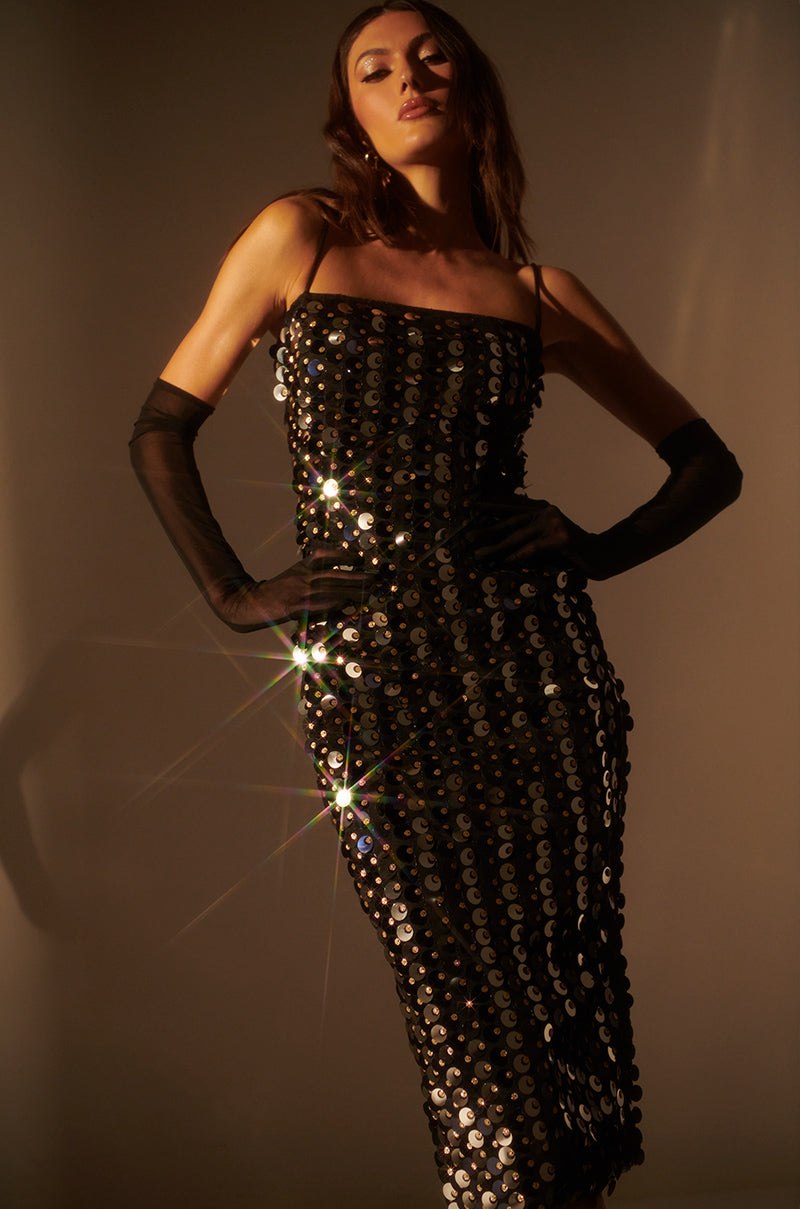 GOLD COIN SEQUIN MIDI DRESS