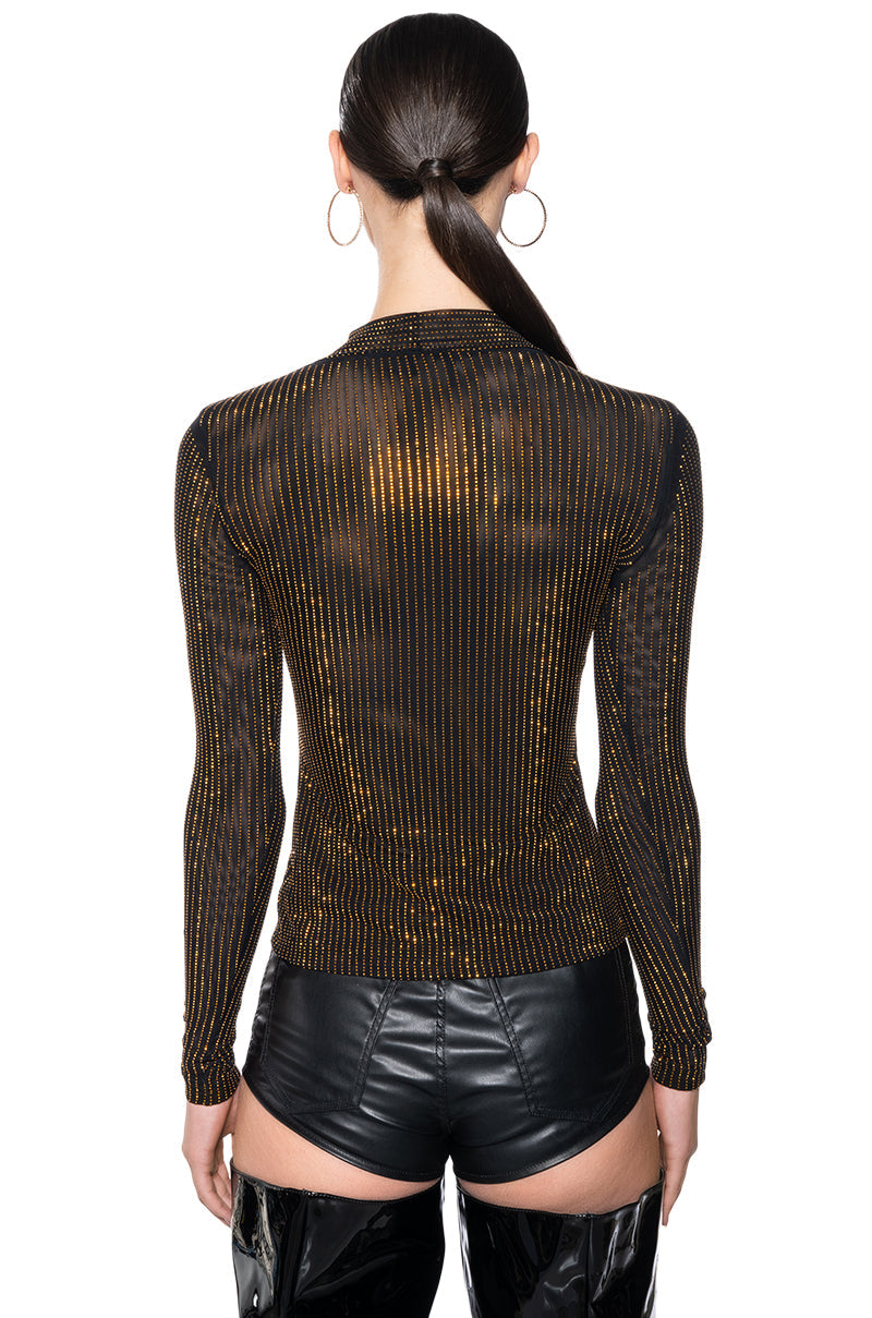 GOLDEN GLITZ LONG SLEEVE MESH TOP