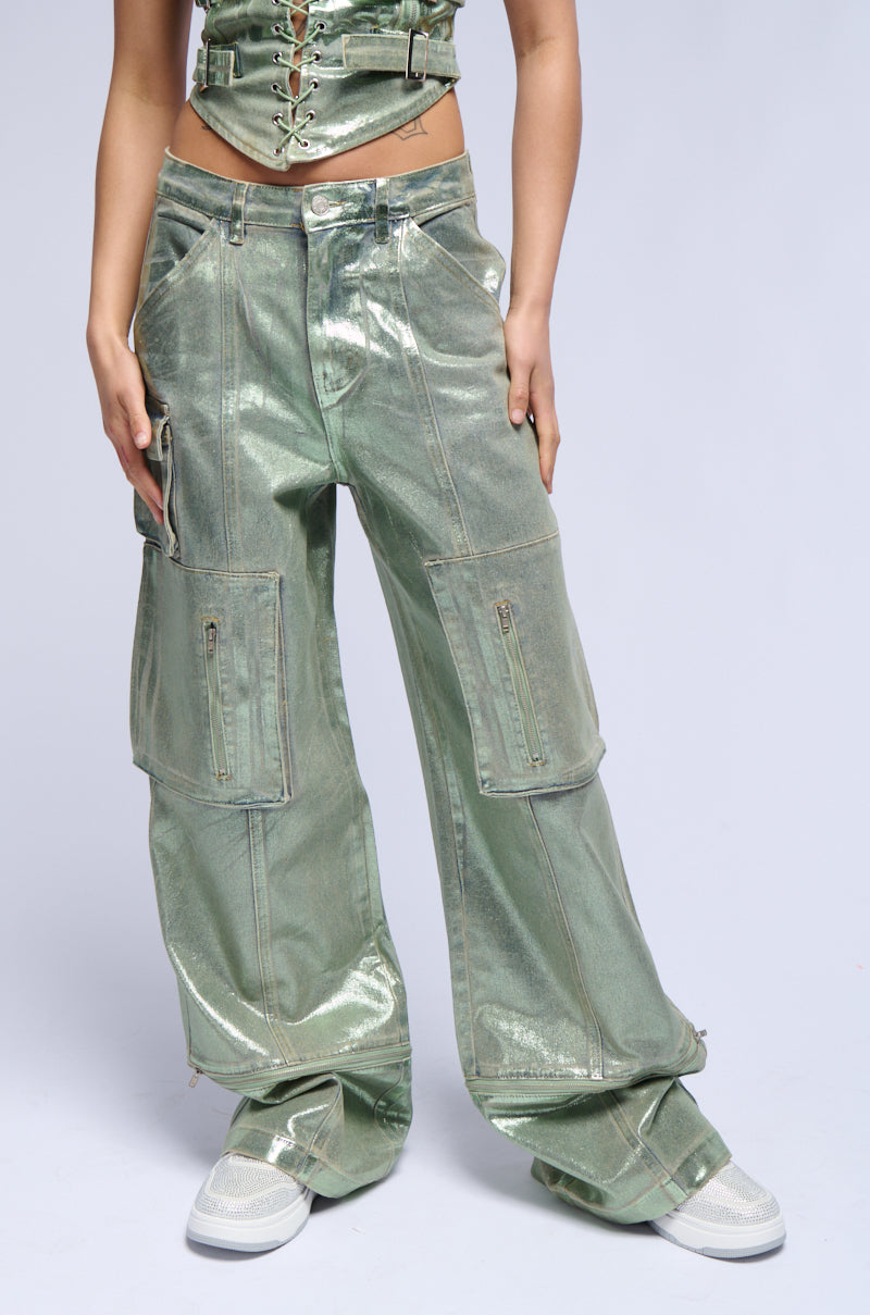 GREEN WITH ENVY METALLIC WIDE LEG CARGO PANT