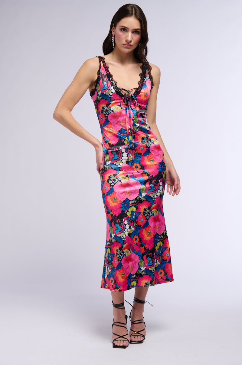 GROOVY BABY PRINTED SATIN MIDI DRESS