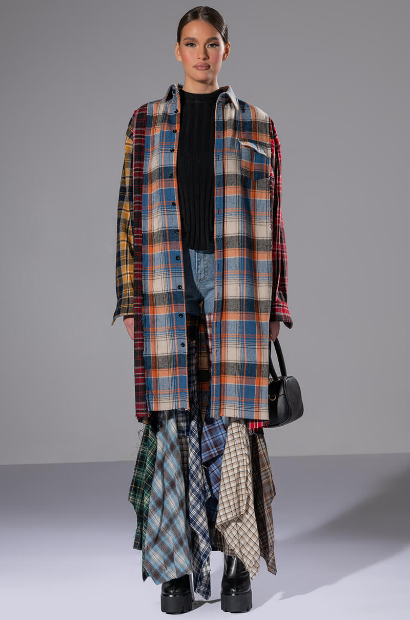 GRUNGE GIRL MIXED PATCHWORK OVERSIZED LONG PLAID TOP