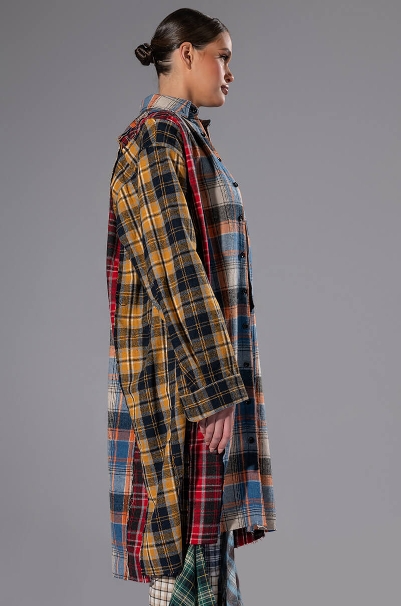 GRUNGE GIRL MIXED PATCHWORK OVERSIZED LONG PLAID TOP