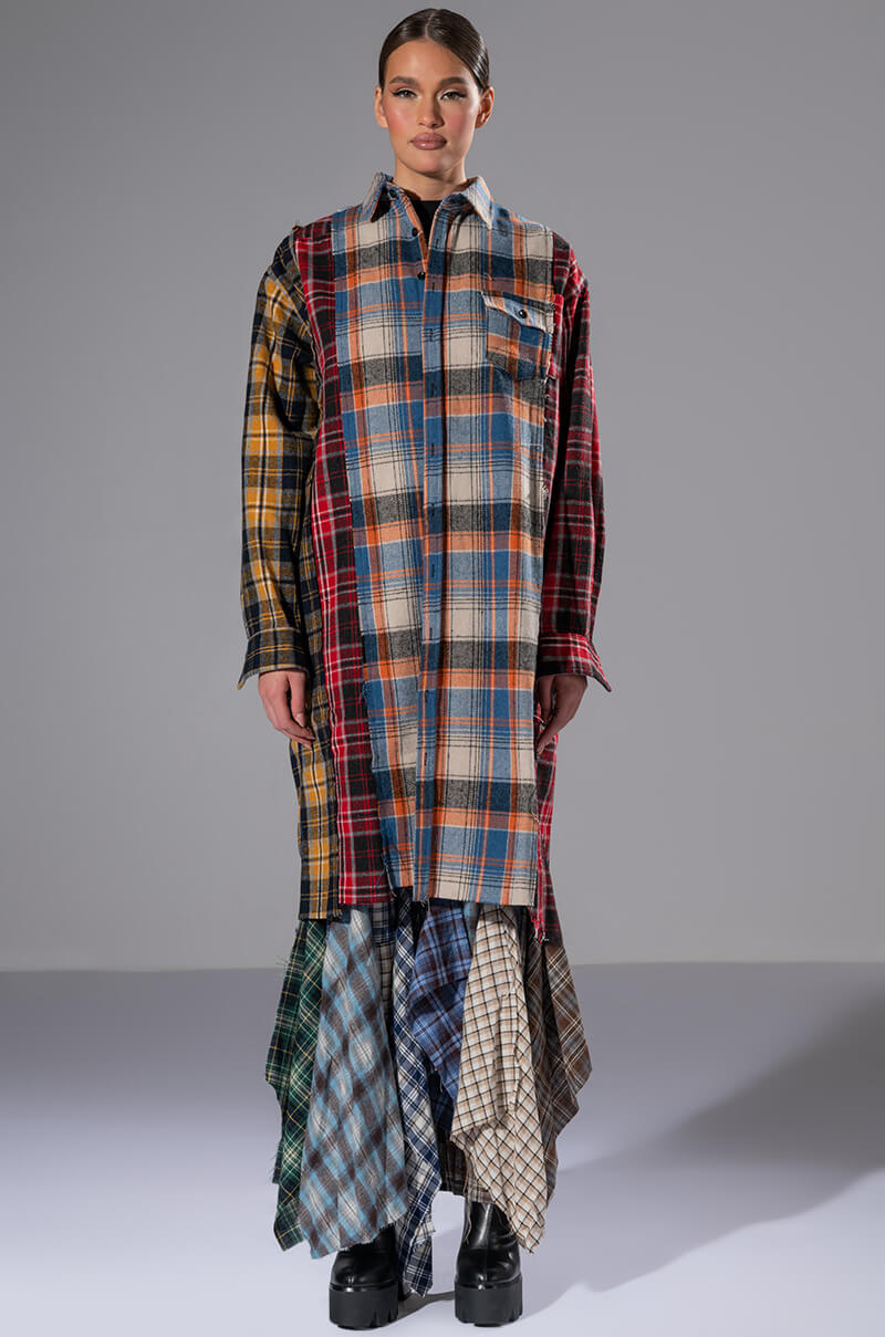 GRUNGE GIRL MIXED PATCHWORK OVERSIZED LONG PLAID TOP