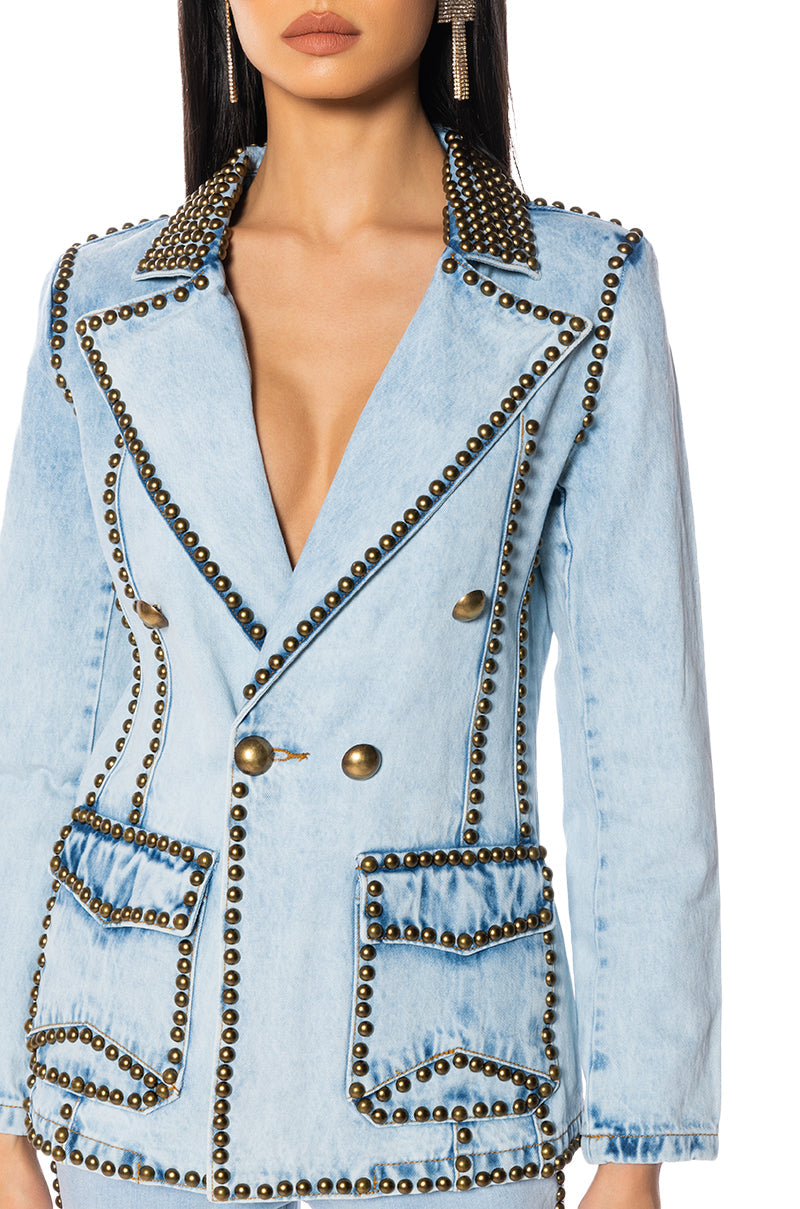 HERE TO STAND OUT EMBELLISHED DENIM BLAZER