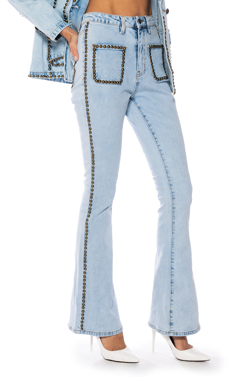 HERE TO STAND OUT EMBELLISHED HIGH RISE FLARE JEANS