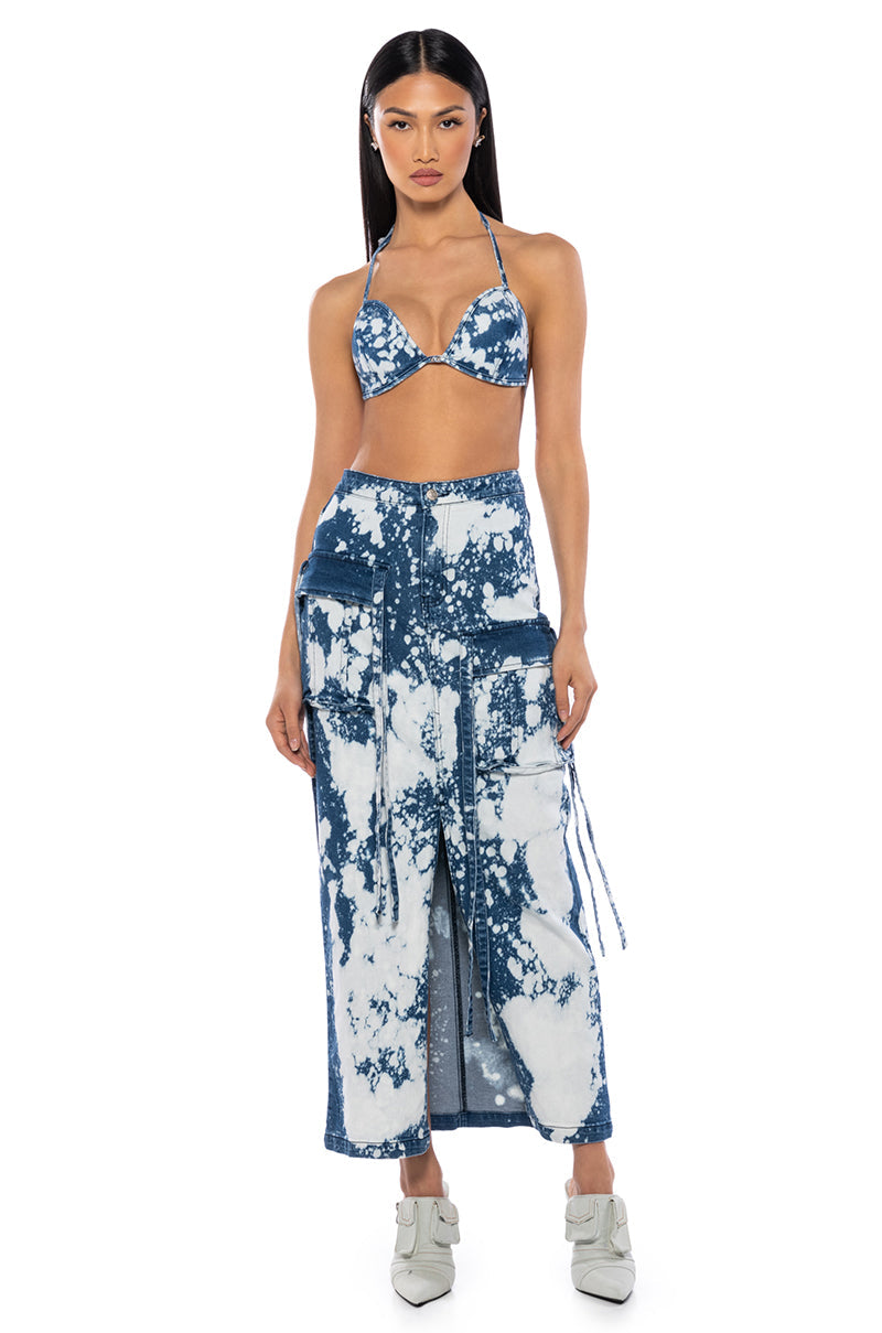 HEY NOW ACID WASH CARGO DENIM MAXI SKIRT