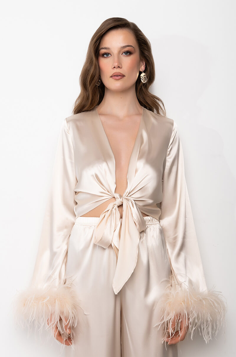HIDDEN AGENDA FEATHER DETAIL SATIN TIE FRONT BLOUSE