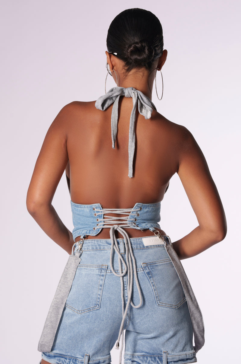 HOLLABACK GIRL HALTER NECK DENIM CORSET