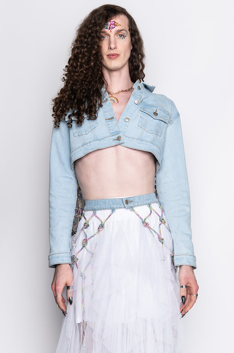 I AM ME CLYDE RAINBOW RHINESTONE CORD DENIM JACKET