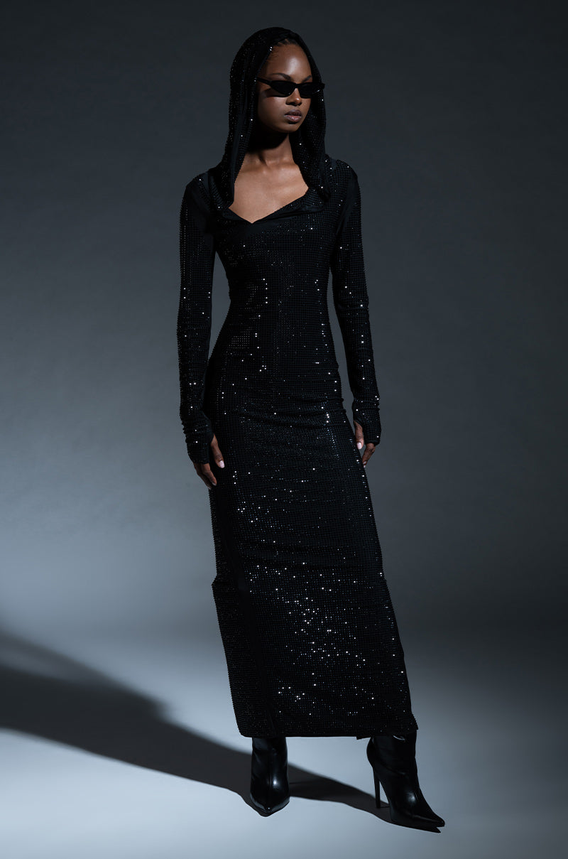 IMA SHINE RHINESTONE HOODED MIDI DRESS IN BLACK