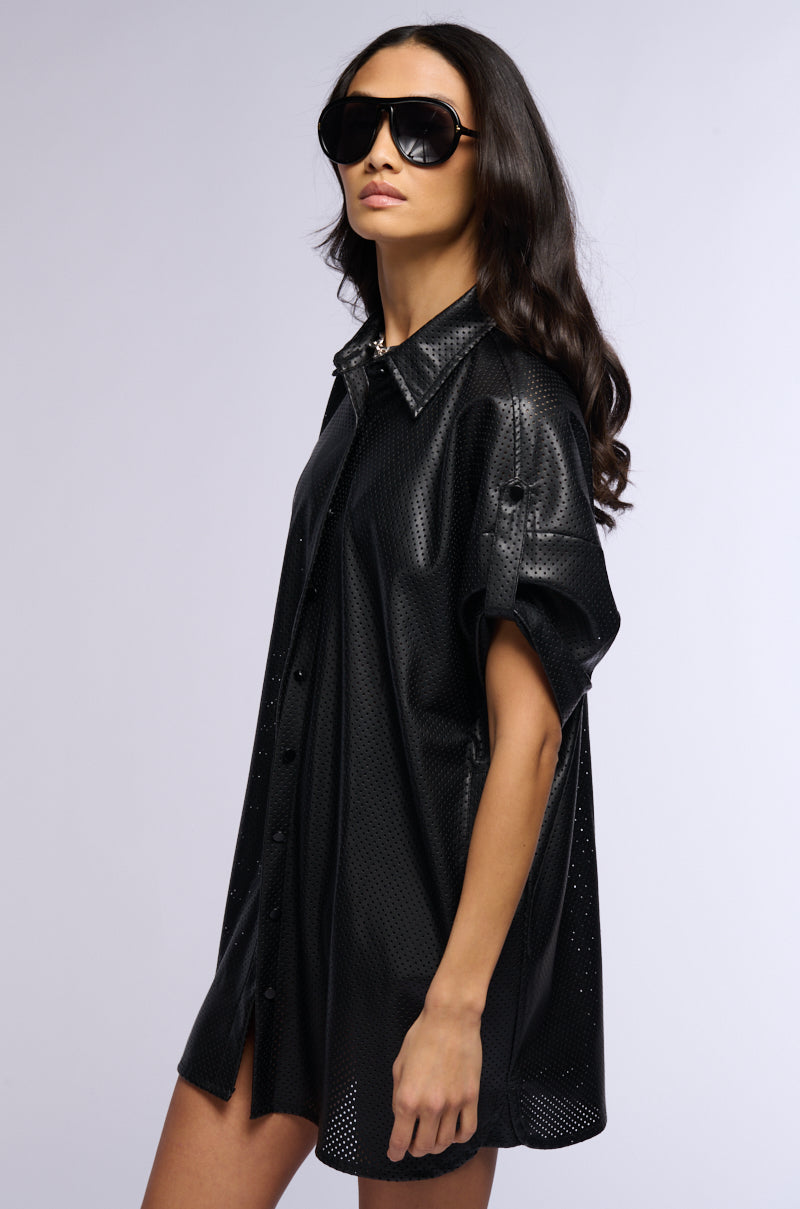INCOGNITO LASER CUT OUT FAUX LEATHER SHIRT DRESS