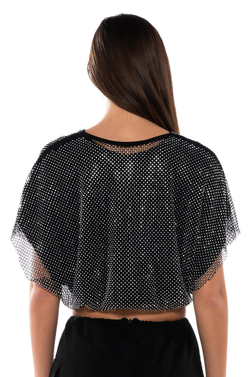 INDIGO DRAPED RHINESTONE MESH BLOUSE
