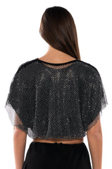 INDIGO DRAPED RHINESTONE MESH BLOUSE