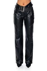 INVEST IN ME FAUX LEATHER FLARE LEG BELTED PANT