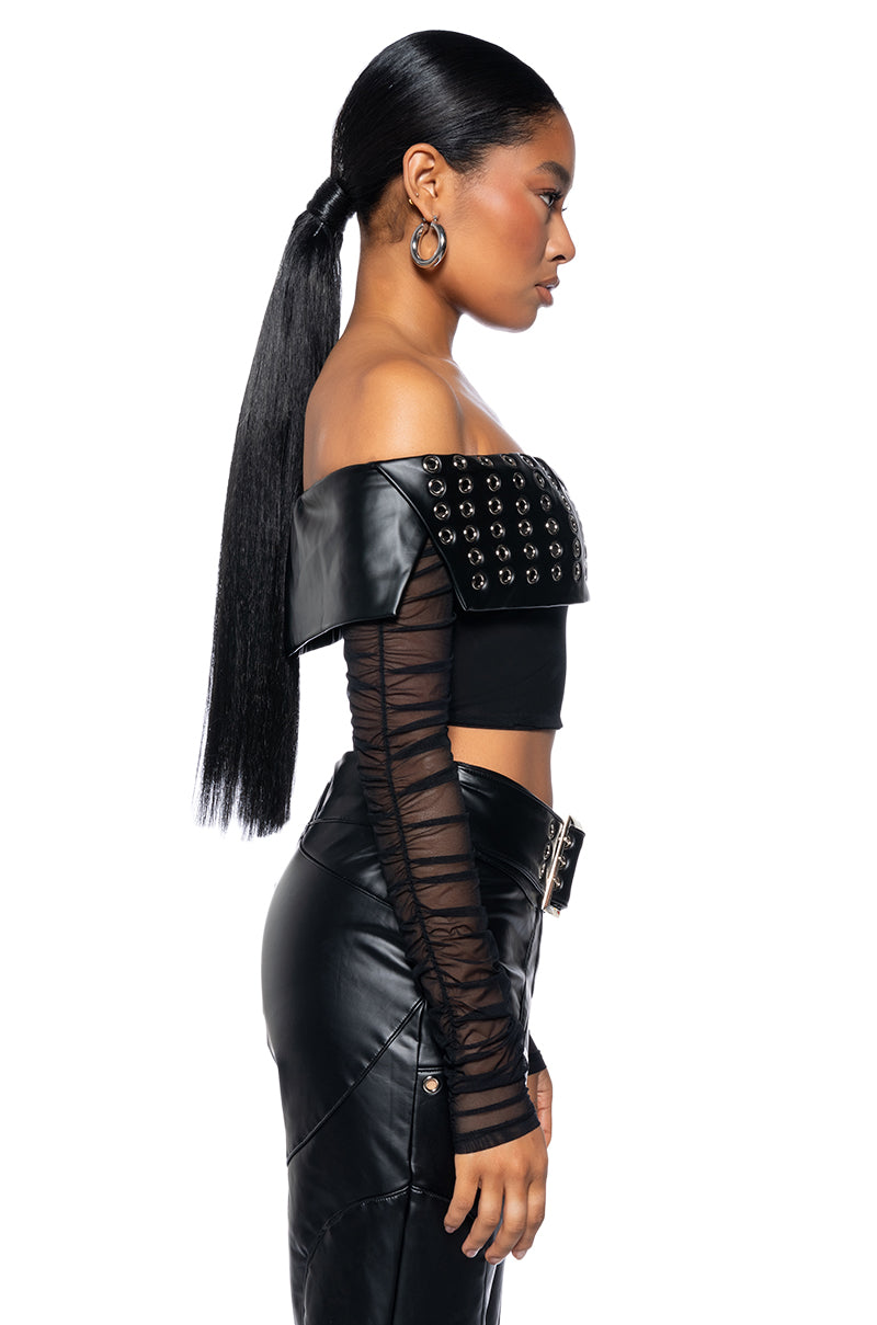 INVEST IN ME FAUX LEATHER OFF THE SHOULDER MESH TOP
