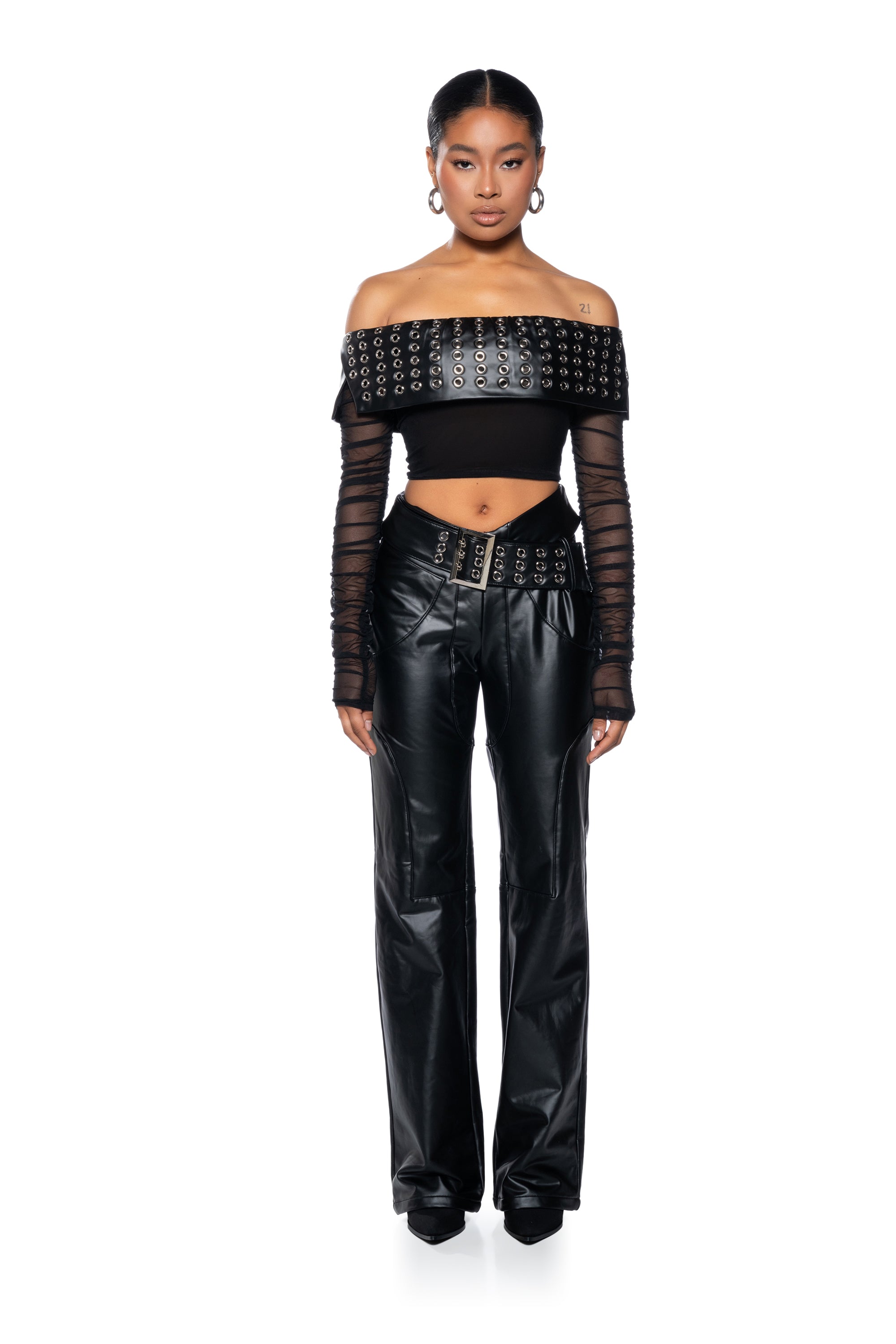 INVEST IN ME FAUX LEATHER OFF THE SHOULDER MESH TOP