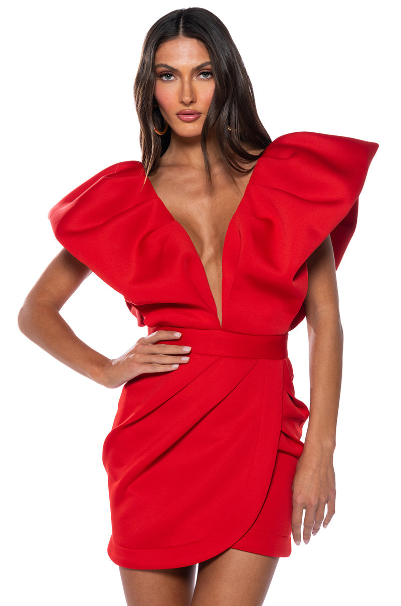 IRREPLACEABLE RUFFLE SLEEVE TULIP HEM MINI DRESS IN RED