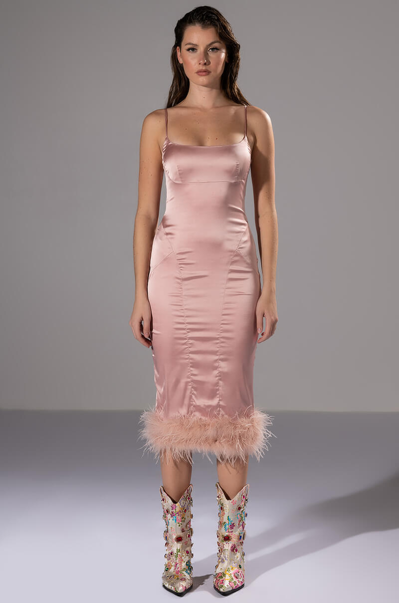 ISLA FEATHER DETAIL STRAPLESS MIDI DRESS