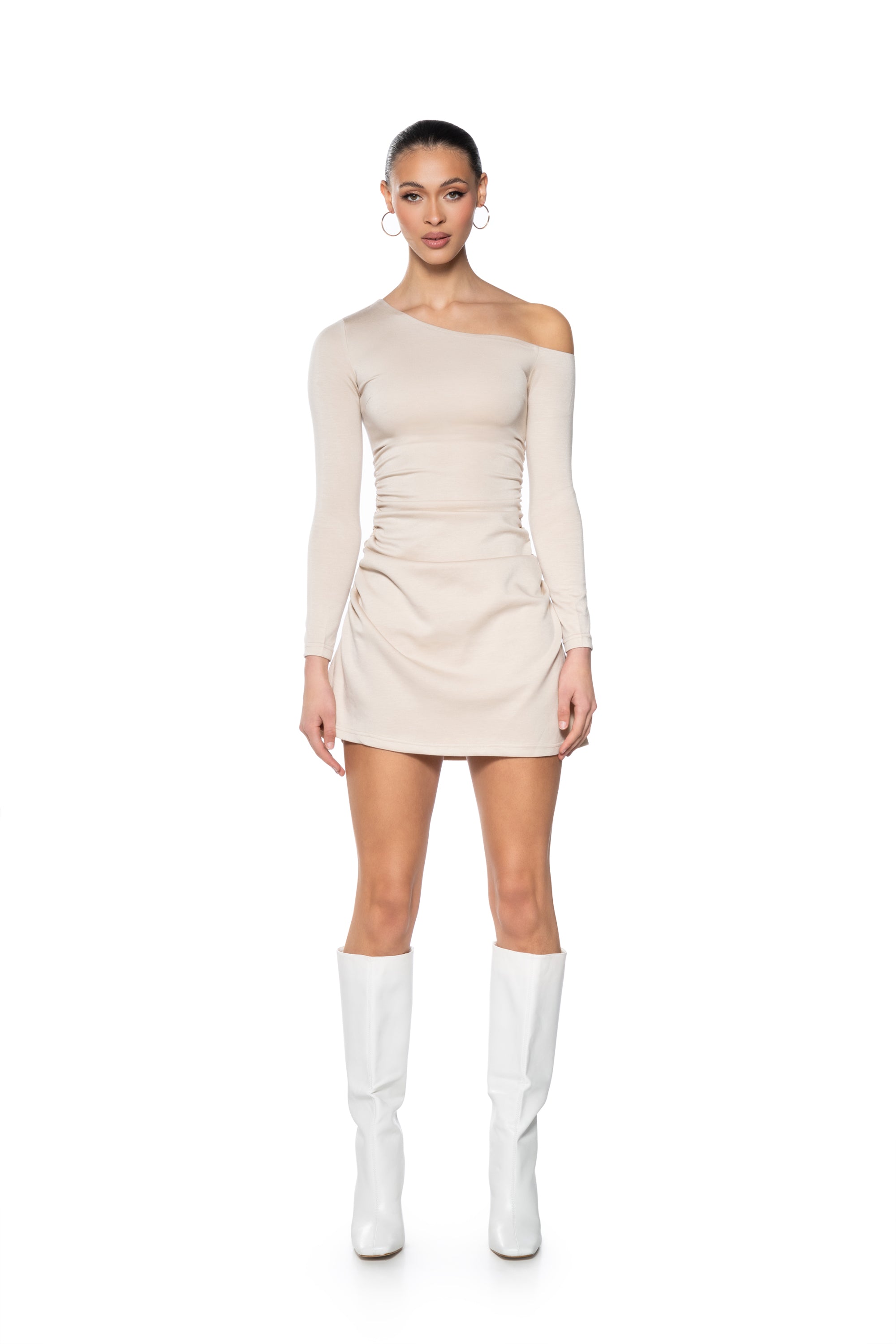 ITS GIVING OFF THE SHOULDER MINI DRESS