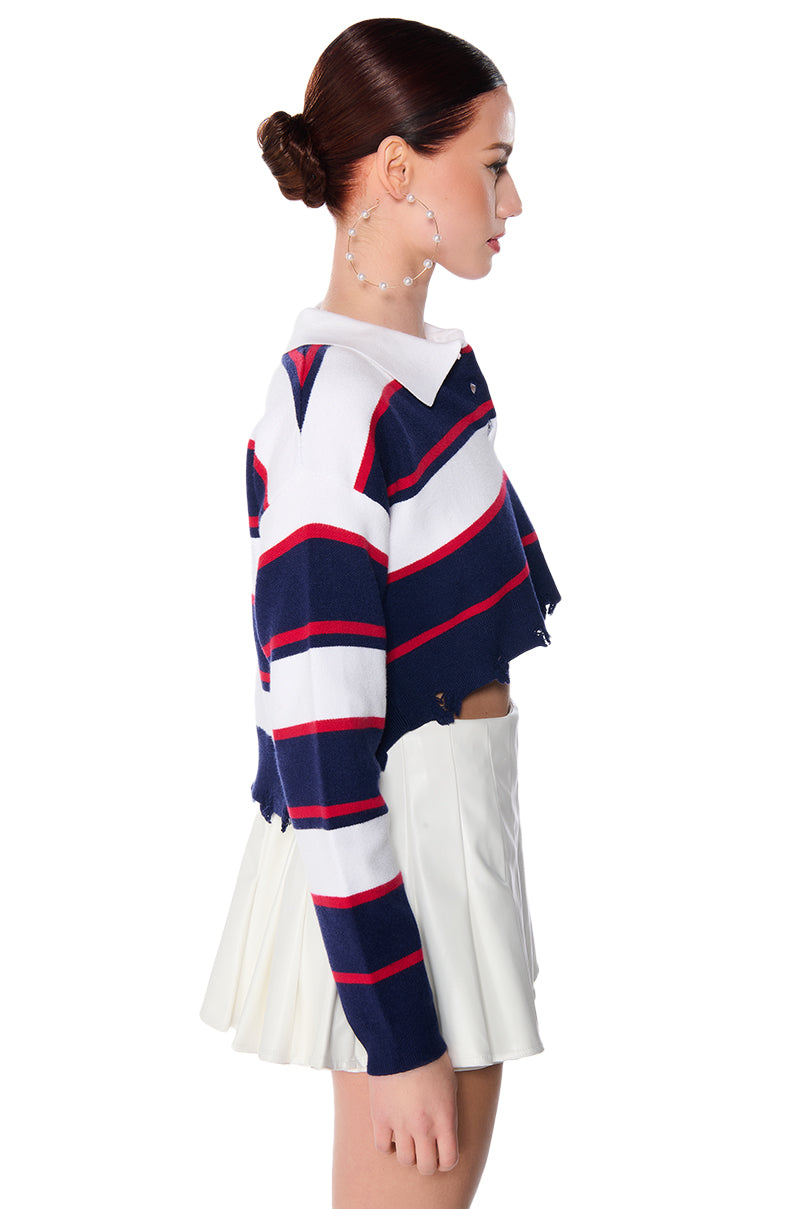 JULIAN DISTRESSED CROPPED BUTTON DOWN SWEATER