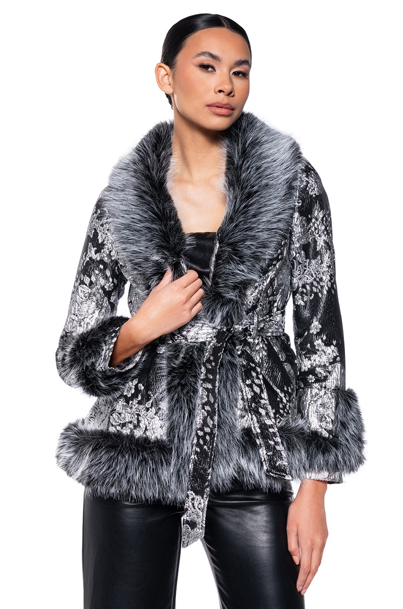 KENZY LUXE FAUX FUR TRIM BROCADE PEPLUM MOTO