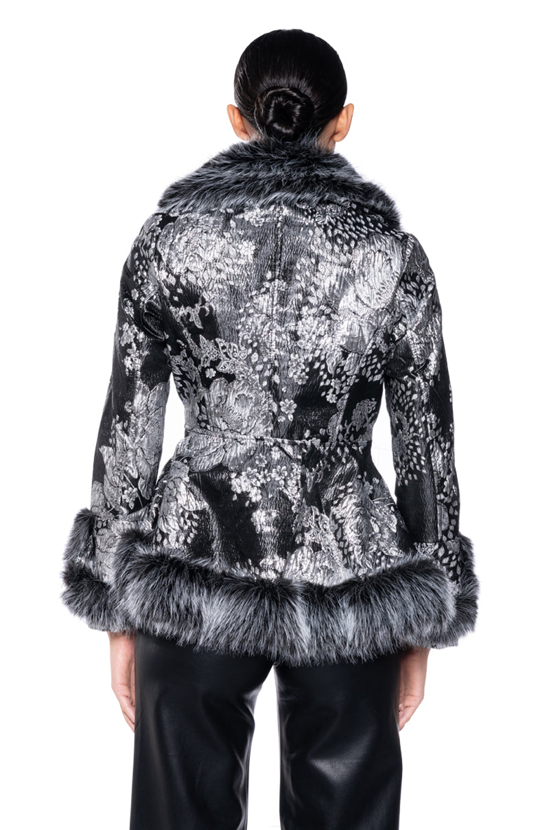 KENZY LUXE FAUX FUR TRIM BROCADE PEPLUM MOTO