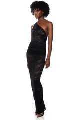 MESH FLORAL ONE SHOULDER MIDI RUCHED DRESS