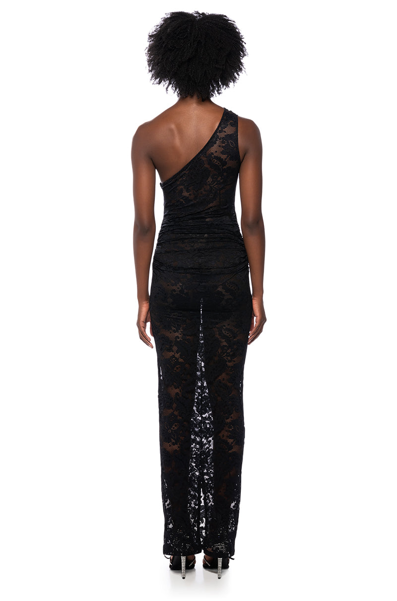 MESH FLORAL ONE SHOULDER MIDI RUCHED DRESS