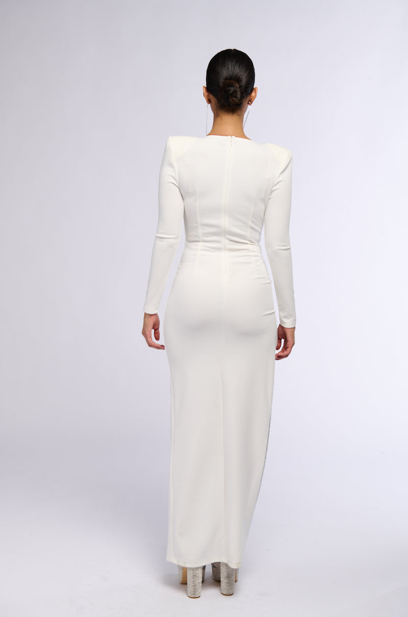 LEADER OF THE PACK LONG SLEEVE HIGH SLIT GOWN IN WHITE