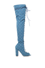 LIVING LEGEND LACE UP OPEN TOE THIGH HIGH BOOT IN DENIM