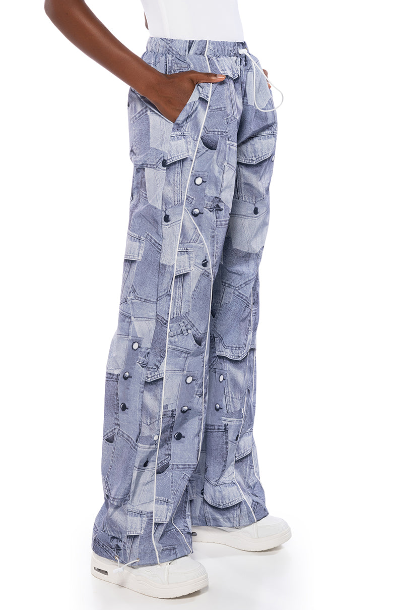 LOOK AGAIN DENIM GRAPHIC PARACHUTE PANT