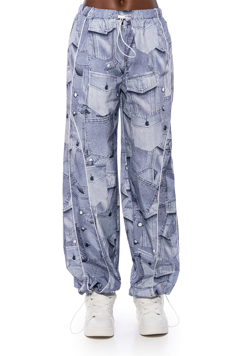 LOOK AGAIN DENIM GRAPHIC PARACHUTE PANT