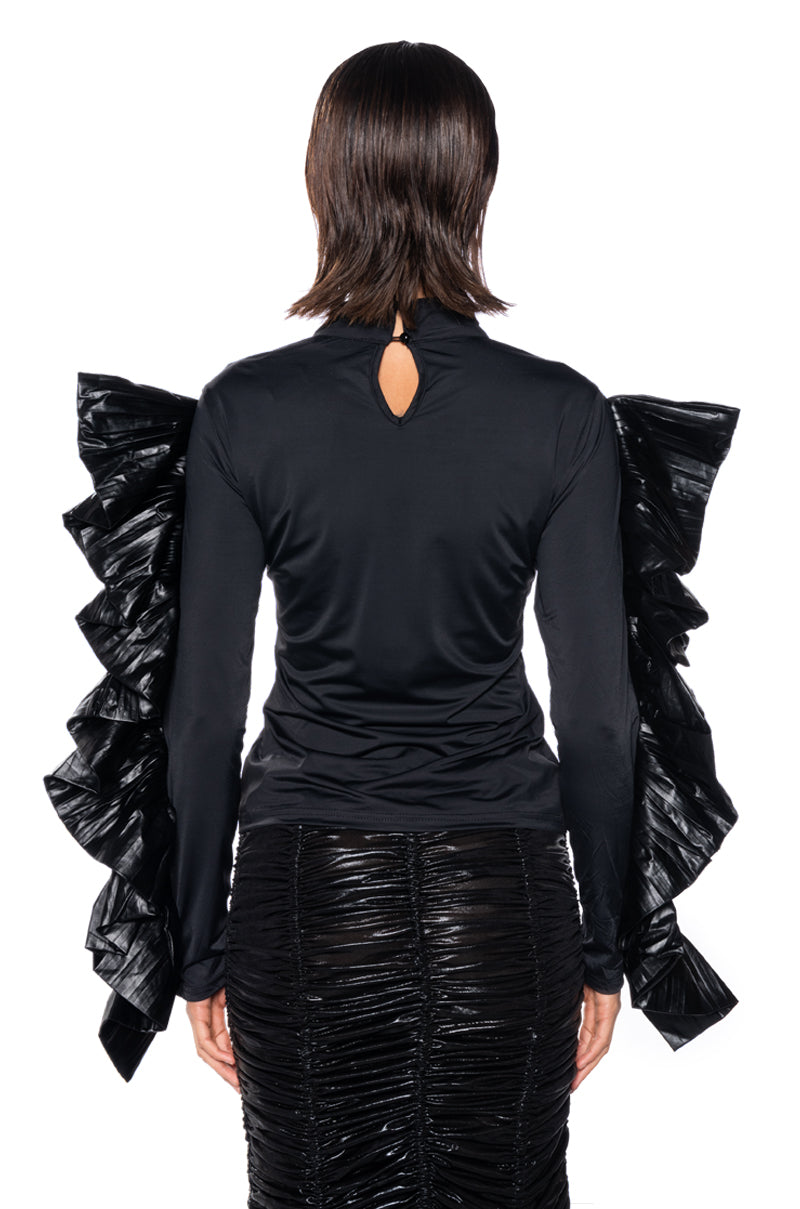 LOST IN TRANSLATION LONG SLEEVE STRETCH MOCK NECK TOP